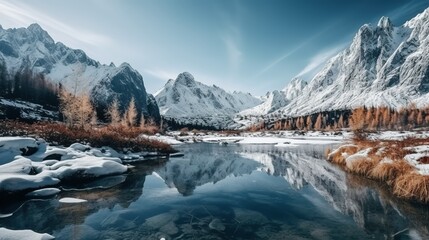 Fototapeta na wymiar Snow Capped Mountains and Lake Landscape