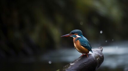 Stunning kingfisher with blurry background next to the river, generative ai