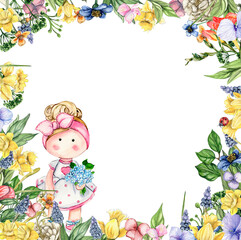 Watercolor square flower frame in cartoon style with a cute girl doll in a dress. Cartoon hand drawn background with flower princess and yellow flowers for kids design. Perfect for wedding invitation