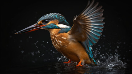Stunning kingfisher with blurry background next to the river, generative ai
