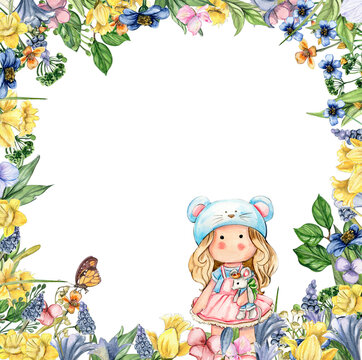 Watercolor square flower frame in cartoon style with a cute girl doll in a dress. Cartoon hand drawn background with flower princess and yellow flowers for kids design. Perfect for wedding invitation