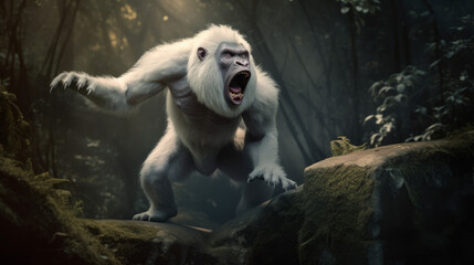 Majestatic white male of gorilla roaring at forest with sun ray around him, generative ai