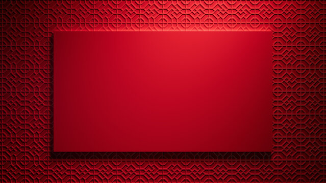 Lunar New Year Template with Rectangle Frame on 3D Patterned Background. Red Eastern design with copy-space.