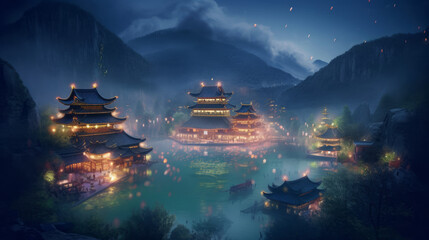 Fototapeta premium Landscape with old chinese town with lights and lampions, generative ai