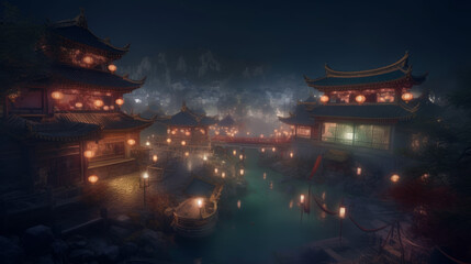 Fototapeta na wymiar Landscape with old chinese town with lights and lampions, generative ai