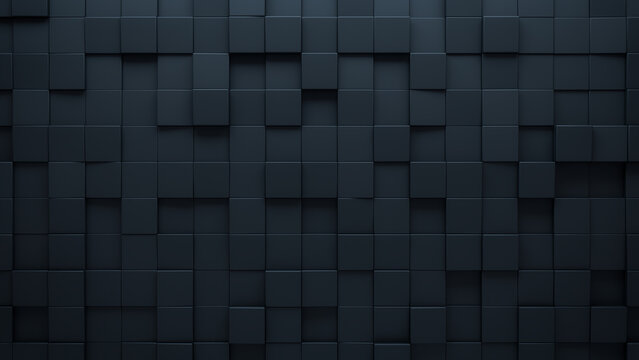 3D, Semigloss Wall background with tiles. Black, tile Wallpaper with Square, Polished blocks. 3D Render