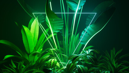 Cyberpunk Background Design. Tropical Leaves with Blue and Green, Triangle shaped Neon Frame.
