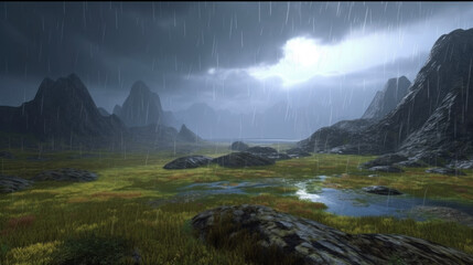 Terragen rain landscape, 3d landsape with mountains and rain, generative ai