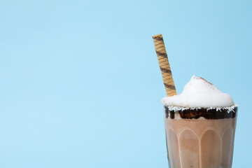 Tasty fresh summer dessert - chocolate milkshake, space for text