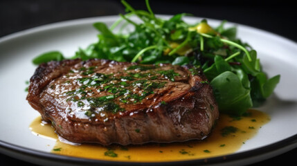 Medium rare steak with vegetables around, generative ai