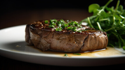 Medium rare steak with vegetables around, generative ai