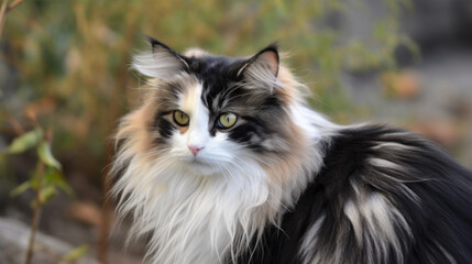 Outdoor picture of long hair black and white cat, fashionable long-hair cat in nature, generative ai