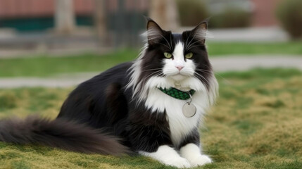 Outdoor picture of long hair black and white cat, fashionable long-hair cat in nature, generative ai