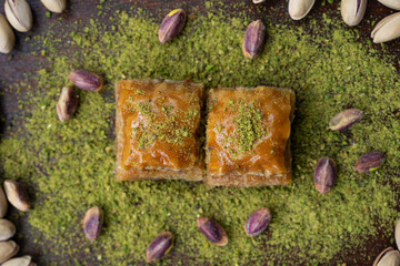 Turkish Cuisine Background Photo, Traditional Turkish Pistachio Baklava, Üsküdar Istanbul, Turkey