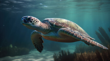 Fototapeta premium Turtle in ocean, sealife under the water, waterlife, generative ai