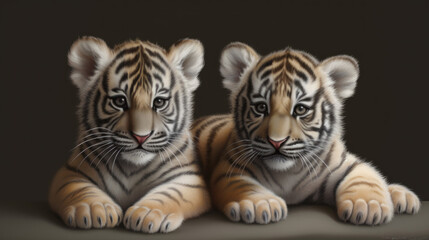 Obraz premium Two tiger cubs on dark background, cute small tigers, generative ai