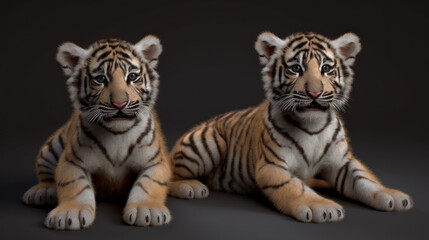 Fototapeta premium Two tiger cubs on dark background, cute small tigers, generative ai