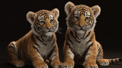 Obraz premium Two tiger cubs on dark background, cute small tigers, generative ai
