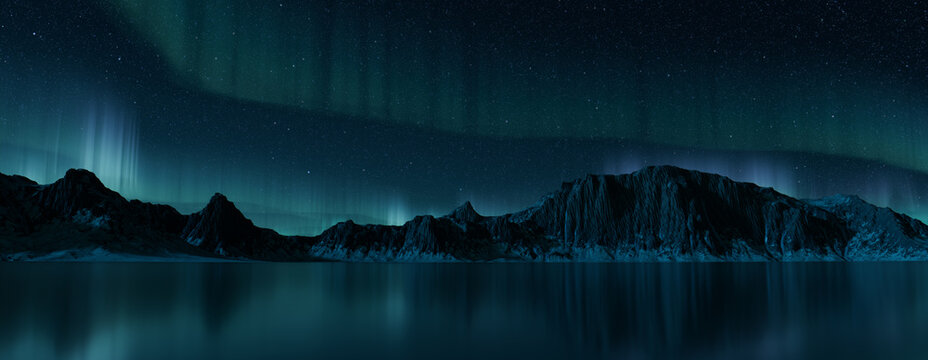 Winter Landscape with Aurora Lights. Green Sky Background with copy-space.