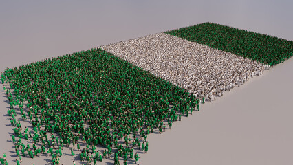 Aerial view of a Crowd of People, gathering to form the Flag of Nigeria. Nigerian Banner on White Background.