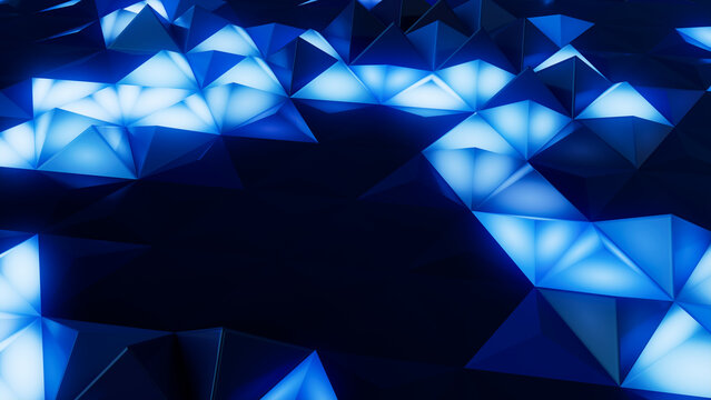 Illuminated, Blue Geometric Surface with Triangular Pyramids. Modern, Neon 3d Background.