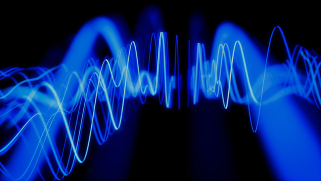 Sound Wave and Audio Technology Concept. Blue, Futuristic Digital Style. 3D Render.