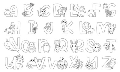 Coloring page with English alphabet letters. Cute animals, birds, food and objects. Funny ABC for kids. Children education. Kawaii cartoon characters. Coloring book. Vector illustration.