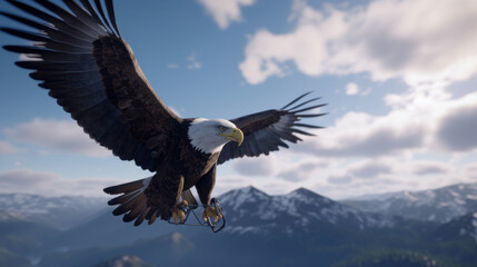 Obraz premium Cybernetic bald eagle. Eagle with electronic modifications, spy davices in nature, generative ai