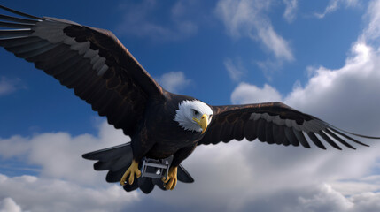 Obraz premium Cybernetic bald eagle. Eagle with electronic modifications, spy davices in nature, generative ai