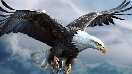 Obraz premium Cybernetic bald eagle. Eagle with electronic modifications, spy davices in nature, generative ai