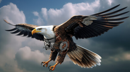 Obraz premium Cybernetic bald eagle. Eagle with electronic modifications, spy davices in nature, generative ai