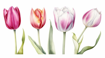 Watercolor 3 tulip on white background, nature made with watercolor, generative ai