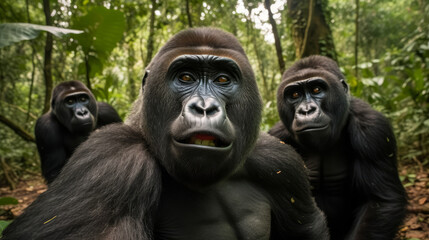 Obraz premium Wildlife selfie of group of gorillas in jungle, generative ai