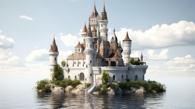 White floating castle, castle build on water, water frotress, generative ai