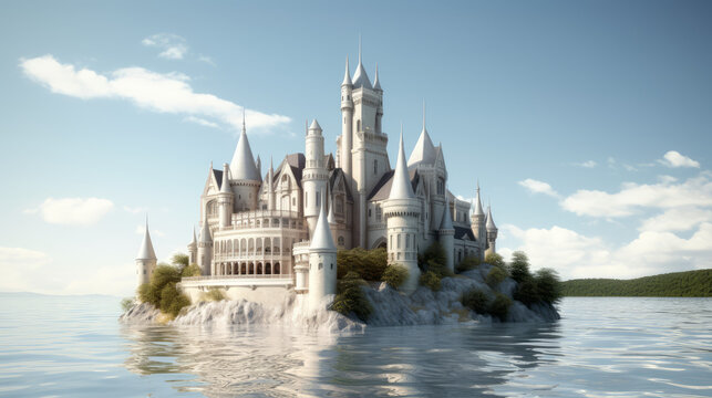 White floating castle, castle build on water, water frotress, generative ai