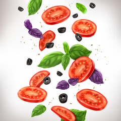 Tomato slices, olives, basil illustration. Assorted composition isolated on white background