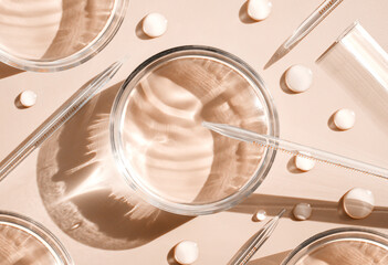 serum in petri dishes on light beige background cosmetic research concept - obrazy, fototapety, plakaty