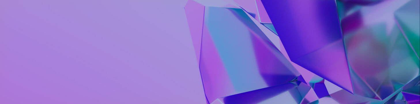 Glass Pieces with Colorful Purple and Blue hues create a Shiny Tech Banner. Futuristic 3D Render with copy-space.