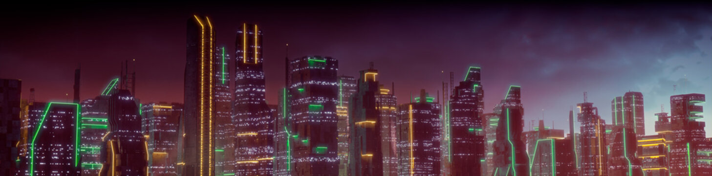 Futuristic Cityscape with Orange and Green Neon lights. Night scene with Advanced Architecture.