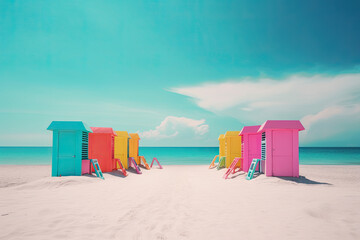 Beach with very colrful little houses, generative ai illustration with copy space