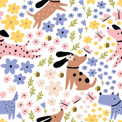 Cute cartoon summer dogs and flowers. Vector print pet in garden. Floral seamless pattern 