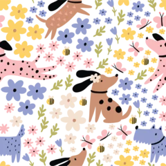 Gardinen Kinderzimmer Muster  Cute cartoon summer dogs and flowers. Vector print pet in garden. Floral seamless pattern   © NadezdaBarkova