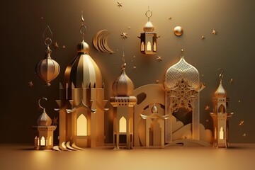 Islamic holiday banner in monotone design. Ramadan night. Cute mosque and lantern displayed on stages with glowing light in the evening. 3d illustration, Generative AI