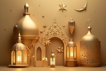 Fototapeta na wymiar Islamic holiday banner in monotone design. Ramadan night. Cute mosque and lantern displayed on stages with glowing light in the evening. 3d illustration, Generative AI