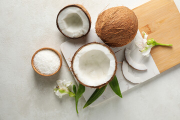 Composition for summer concept with coconut, top view