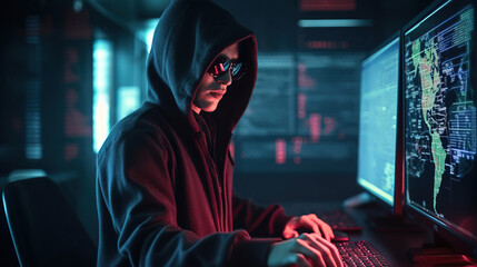 Hacker in a hoodie, back view, under dark lighting. Abstract background of glowing data lines, depicting the critical importance of cybersecurity and the battle against cyber threats