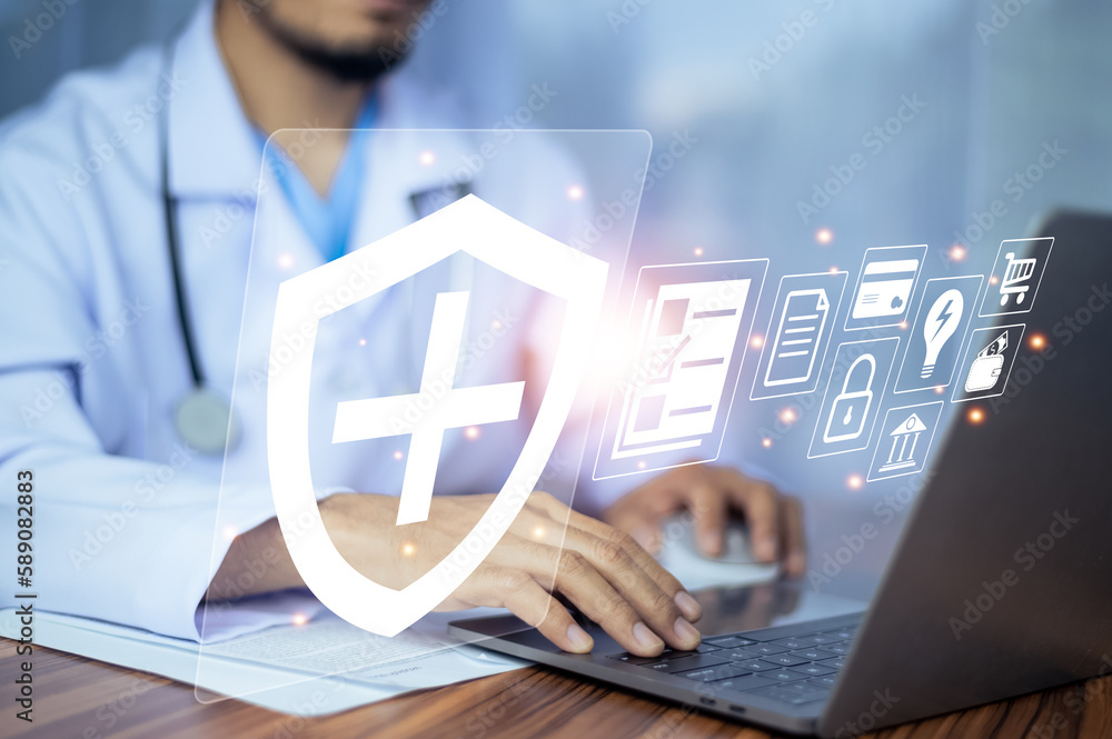 Poster doctor using technology document management on computer system management for cardiologist specialis