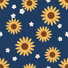 Seamless pattern with sunflower and white flower on blue background vector illustration.