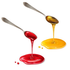 Sweet honey and jam dripping from a spoon, isolated on a white background