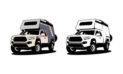 RV camper van classic style logo vector illustration, camper truck with roof top tent illustration logo vector
